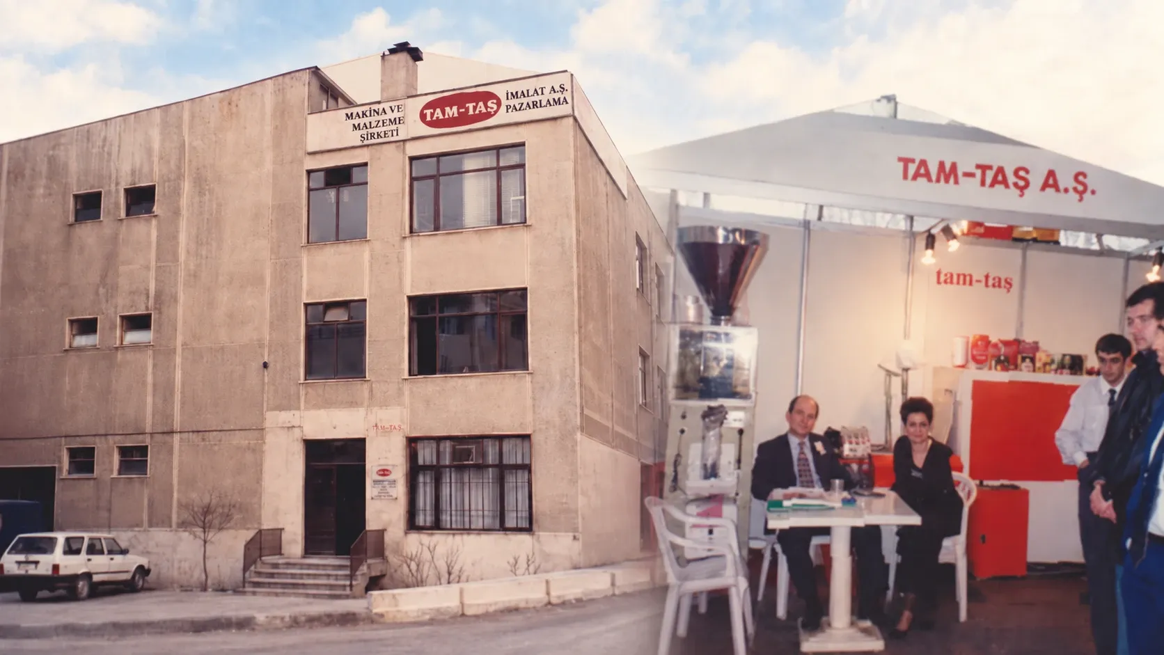 TAM-TAŞ'ın ilk yıllarından: şirket binası ve bir ambalaj fuarındaki TAM-TAŞ standı